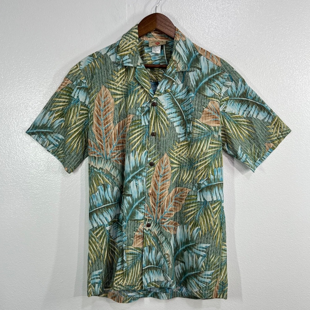 Vtg. Hawaii Station Made in Hawaii Mens M Aloha Shirt Tropical Palm Leaf Green